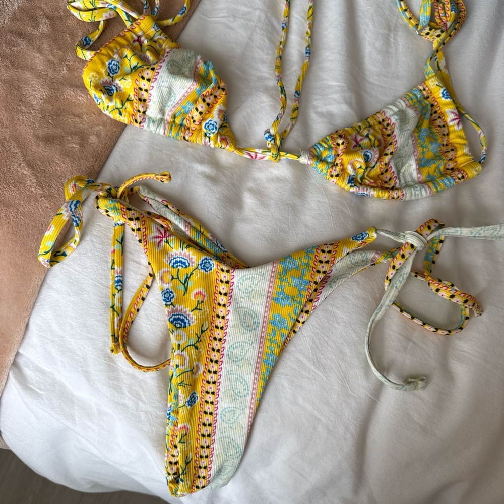 SHEIN Yellow Floral Tie-Side Bikini Set